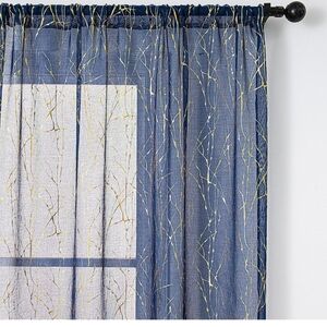 Elegant Blue Sheer Curtain with Gold Foil Branch Design
